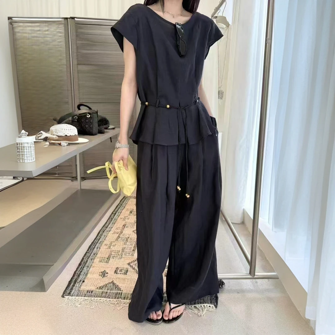 韩系简约休闲亚麻套装女夏季慵懒松弛感收腰无袖衬衫阔腿裤两件套