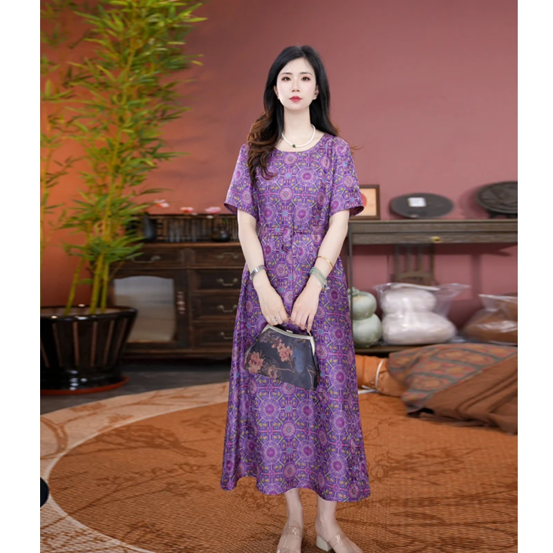 高端非遗红香云纱真丝长裙子系带包肩袖新款连衣裙女夏款