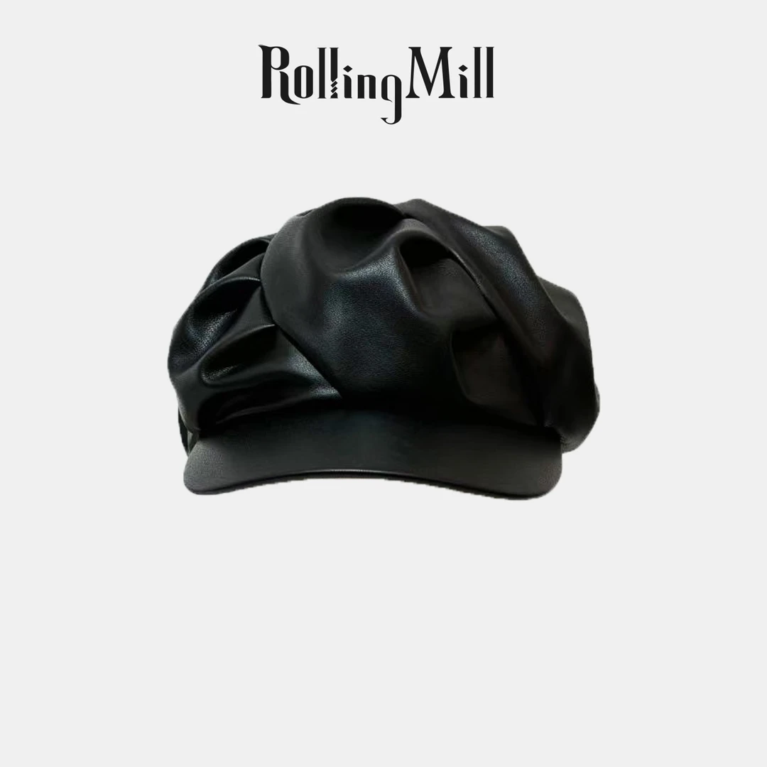 RollingMill褶皱⿊⾊⽪U通勤四季云朵帽潮酷白领轻奢设计脸小