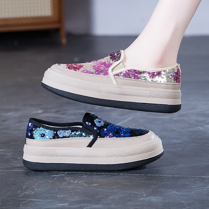 乐福鞋女2025春季新款女鞋增高厚底松糕鞋一脚蹬增高休闲真皮单鞋