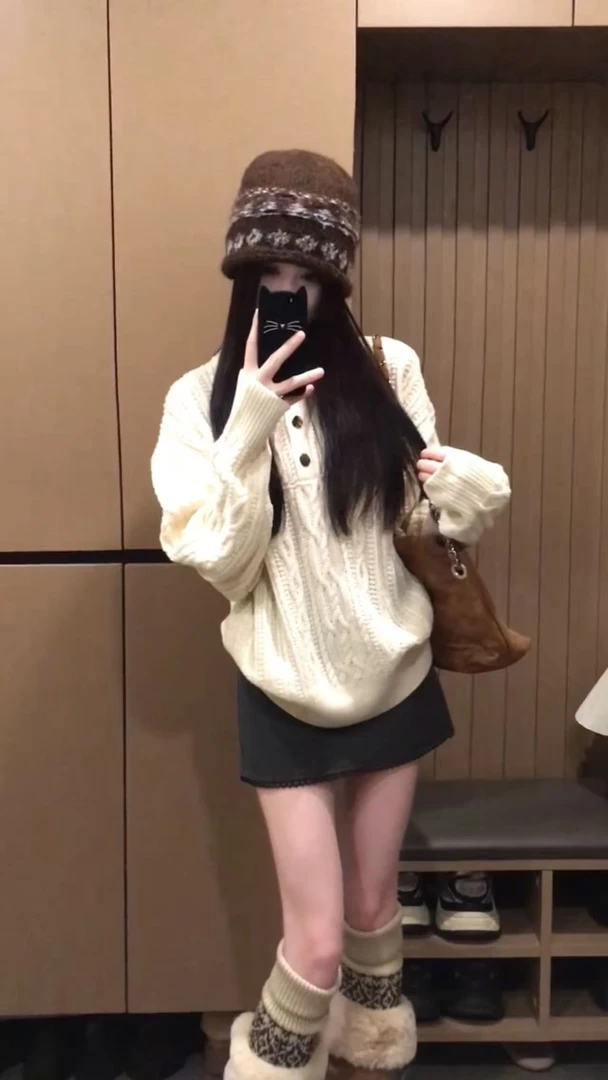 2025秋冬新款韩系米杏色麻花长袖针织衫上衣高腰半身裙两件套装