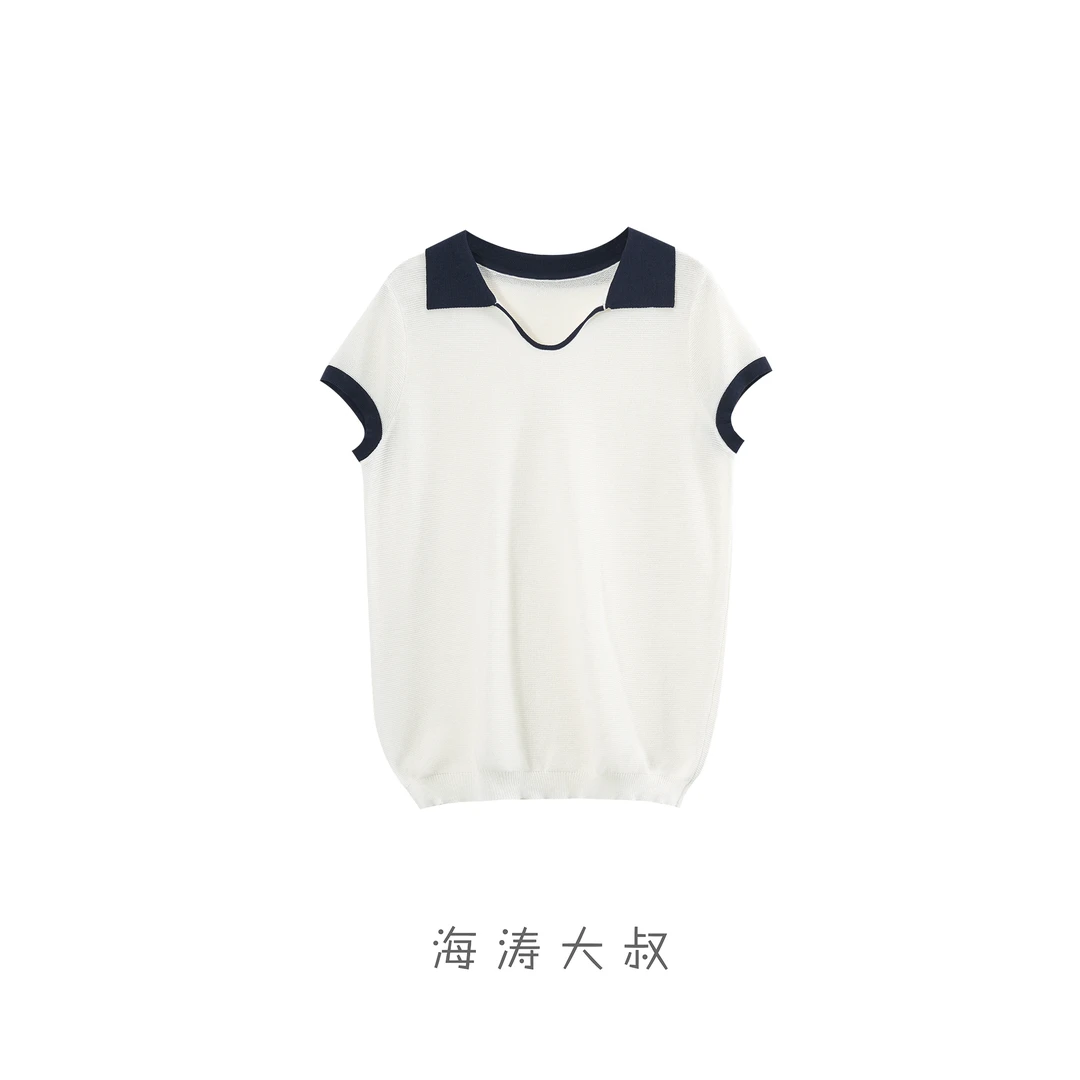 【海涛大叔】进口和纸纱撞色翻V领小飞袖针织polo衫