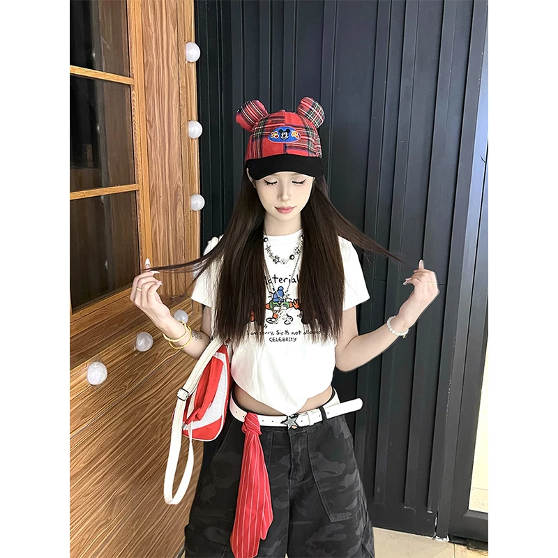 克林菲美式复古原创印花正肩短袖t恤女夏设计感小众修身短款上衣