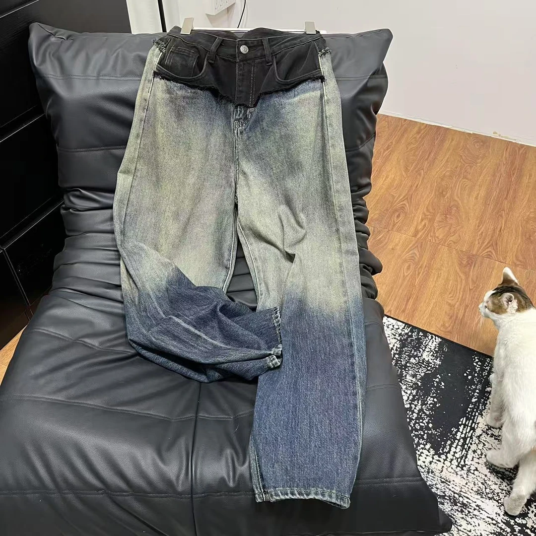 【NN+】渐变拼接阔腿宽松直筒休闲牛仔裤