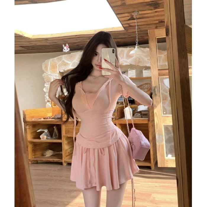 蕾丝拼接粉色连帽短袖收腰T恤女夏季纯欲风套装高腰半身裙两件套