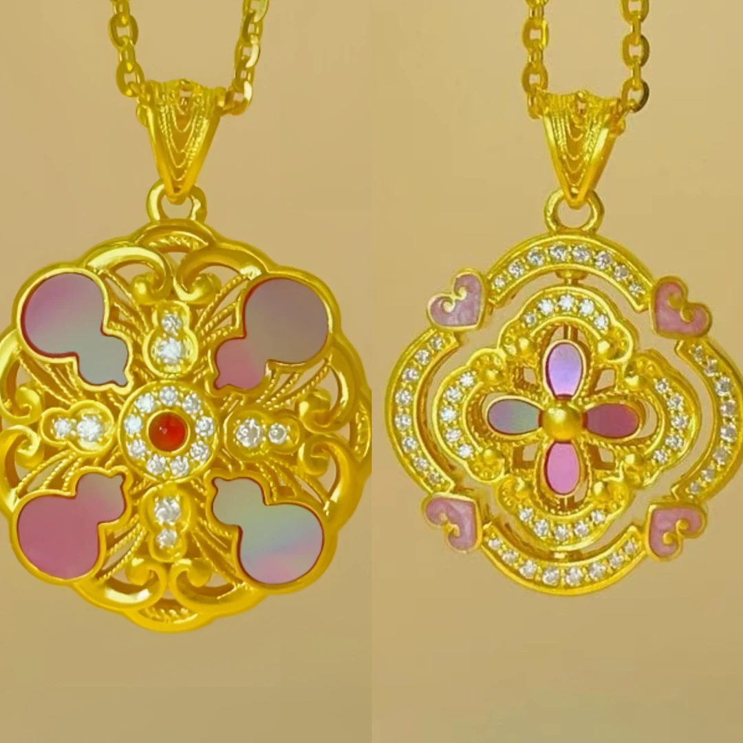 新品双面单吊坠【赛菲尔万足】双十二足金古法螺钿发其一只发吊坠