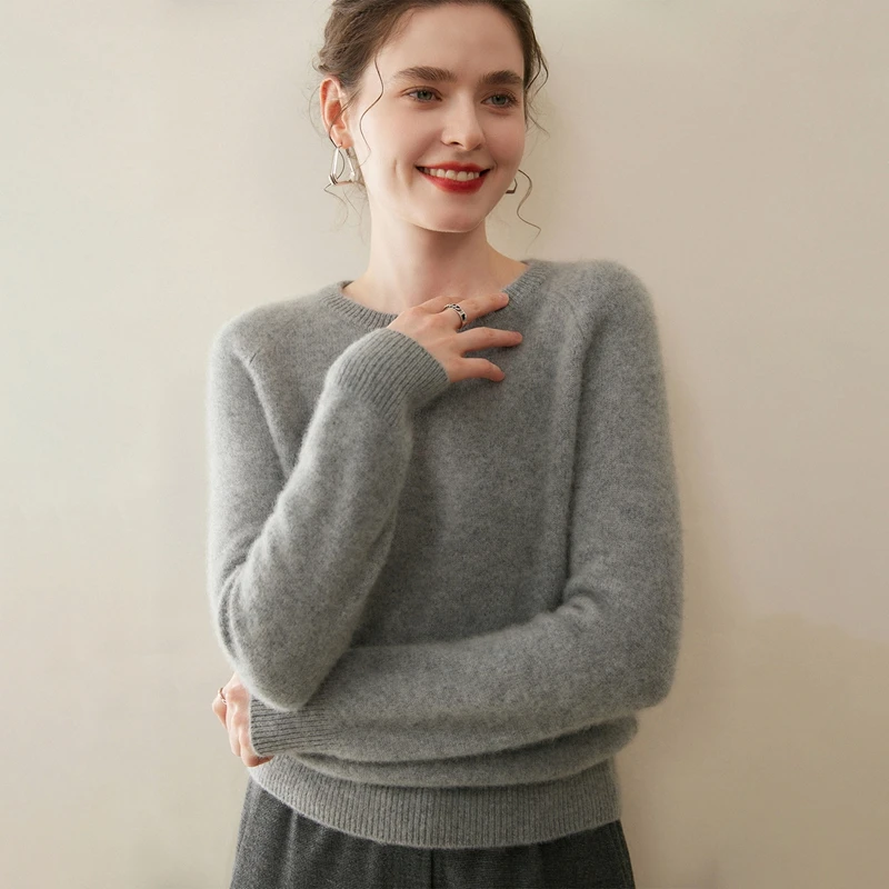 Y8501 女士100%山羊绒插肩圆领针织衫七针加厚简约时尚经典百搭