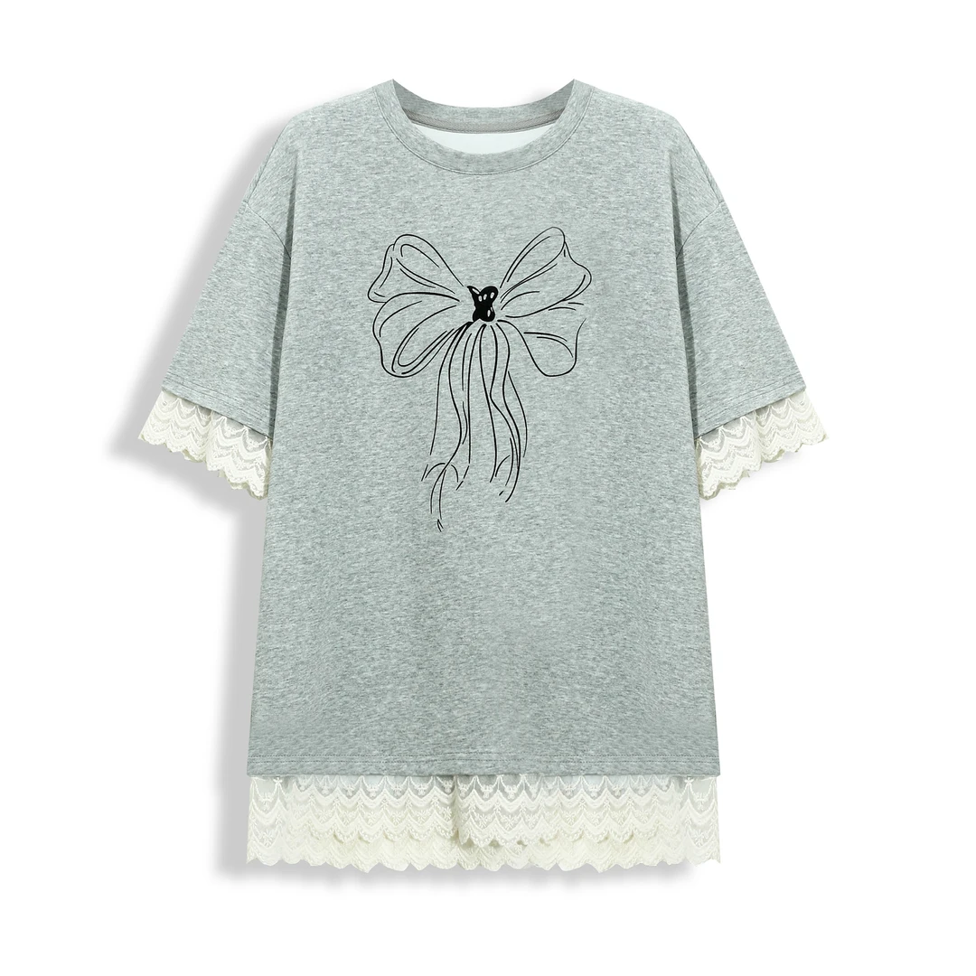 EC原创2025蝴蝶结蕾丝边短袖t恤女宽松大版中长款上衣T2506