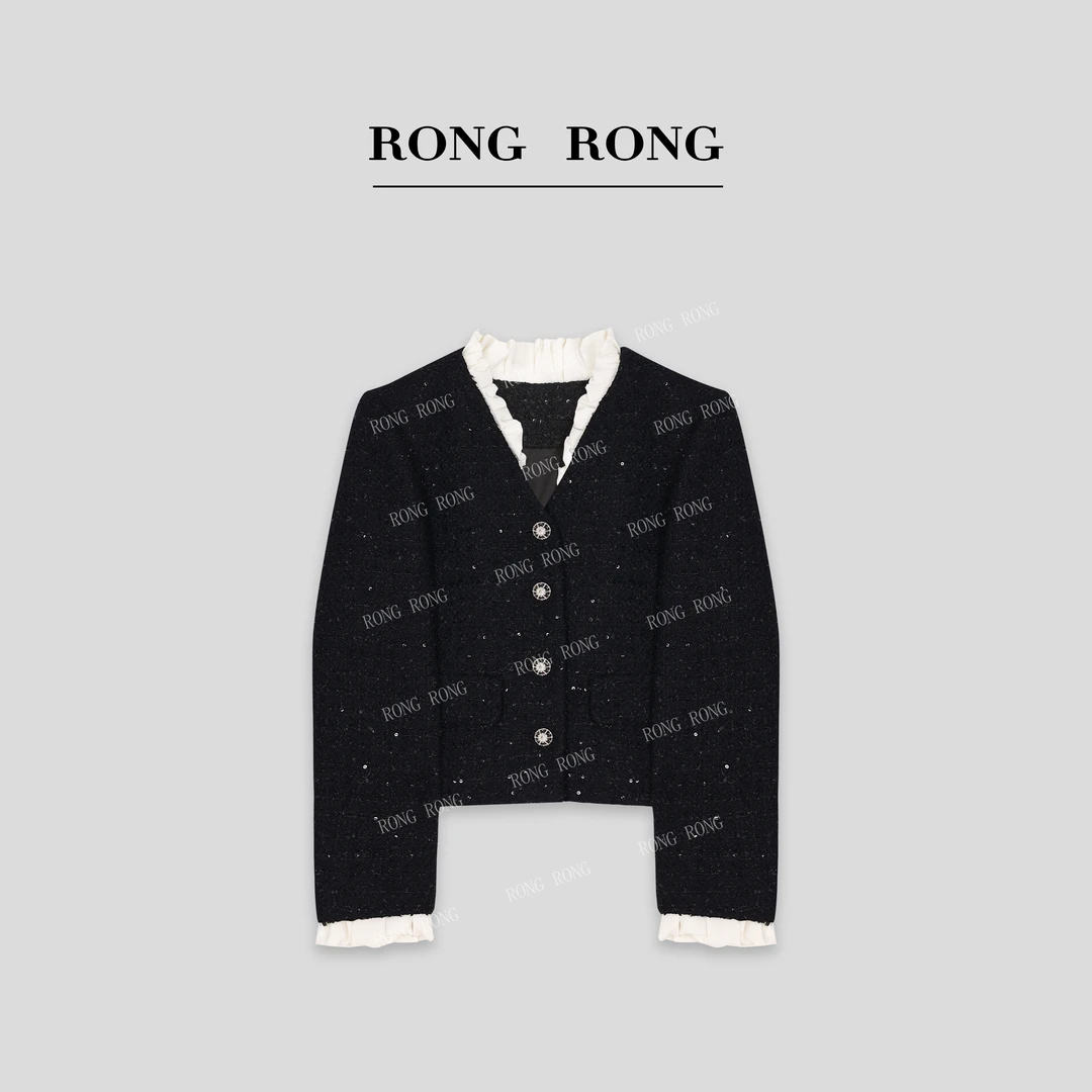 溶溶T【灵动星夜】RONGRONG V领拼接撞色花边小香风外套NARA-WJK080