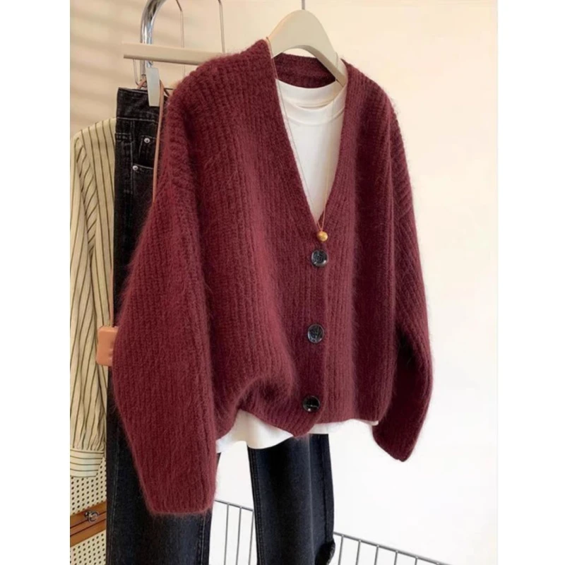 开春加厚大版韩系秀红乌梅子酱色针织开衫女500