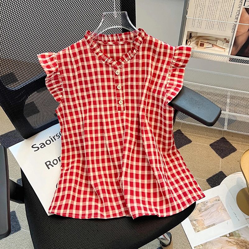 港风复古格子短袖衬衫女2025夏季韩系穿搭小衫褶皱别致小飞袖上衣