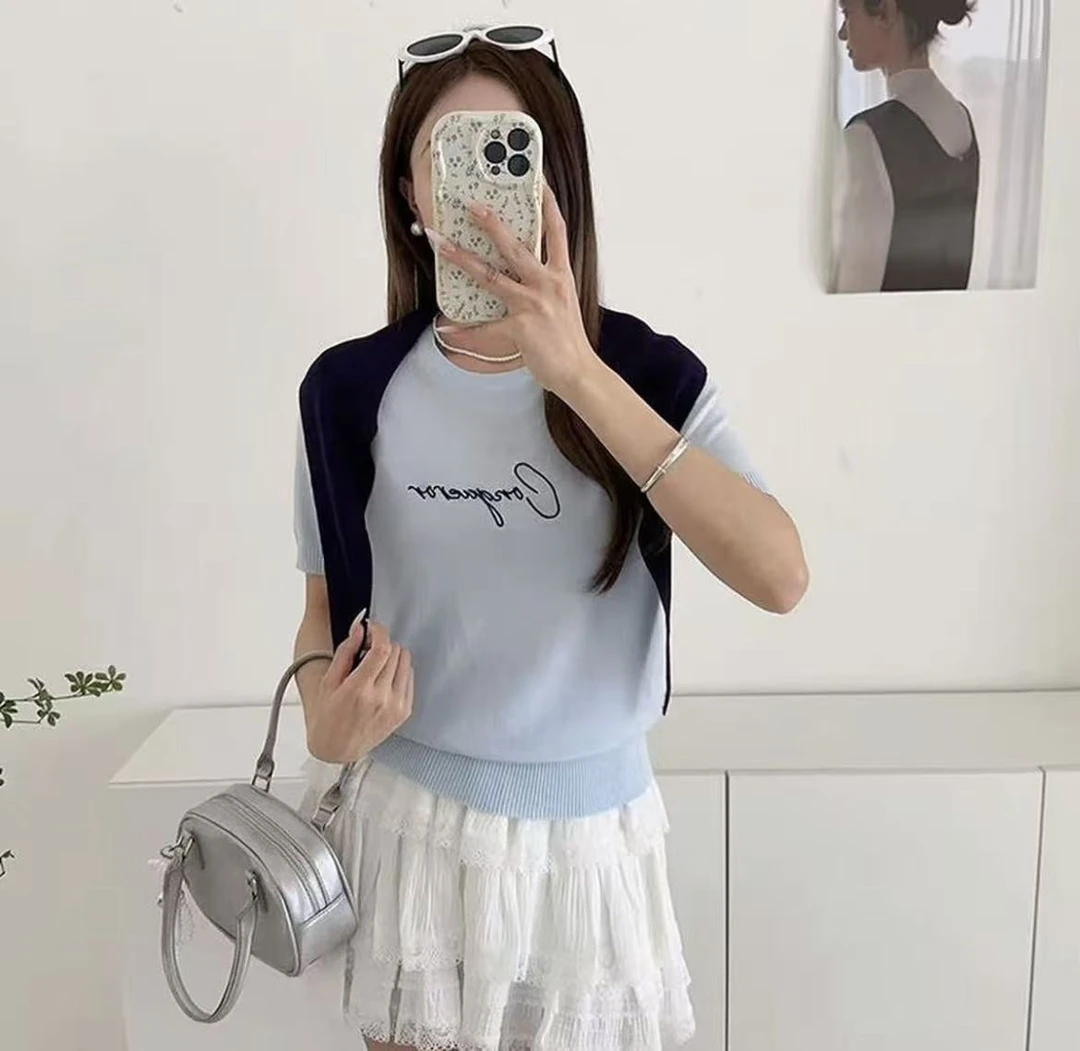 夏季新款字母印花圆领短袖T恤女复古纯色气质百搭洋气针织衫上衣