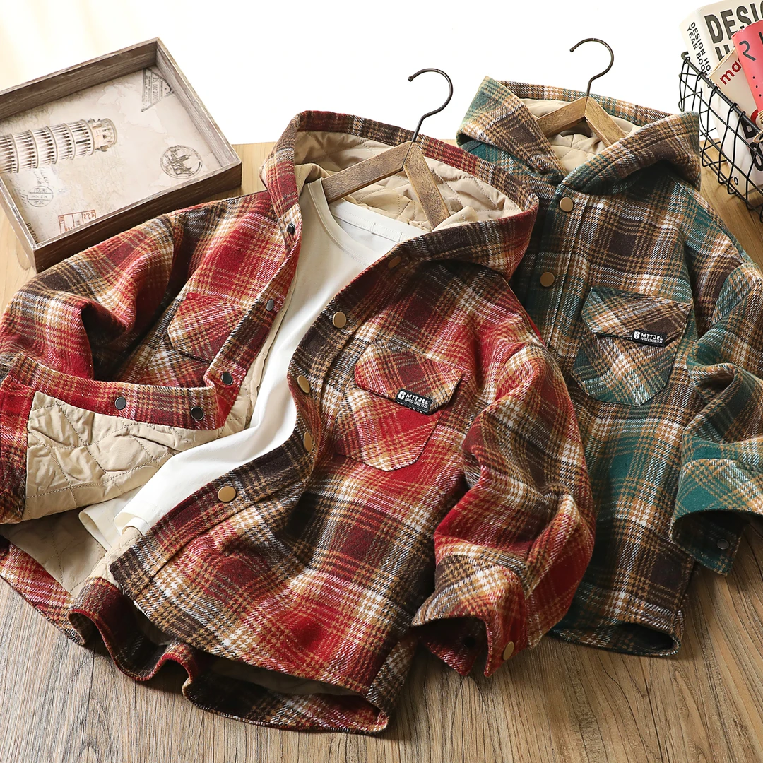 男童绗棉连帽外套2025春秋中大童磨毛格子上衣休闲棉衣