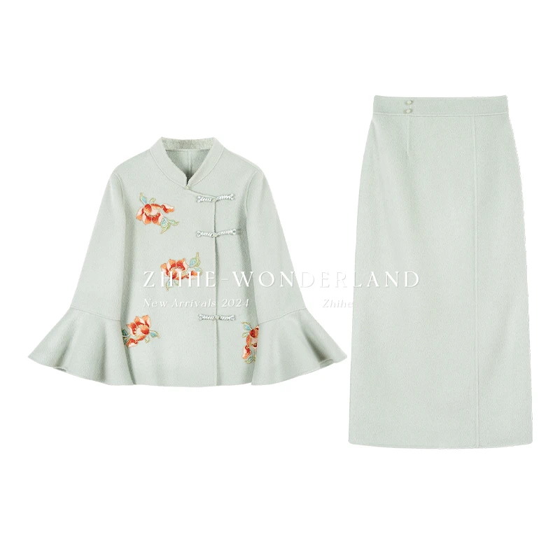 【兰若】手工坊-新中式刺绣100双面羊毛喇叭袖套装