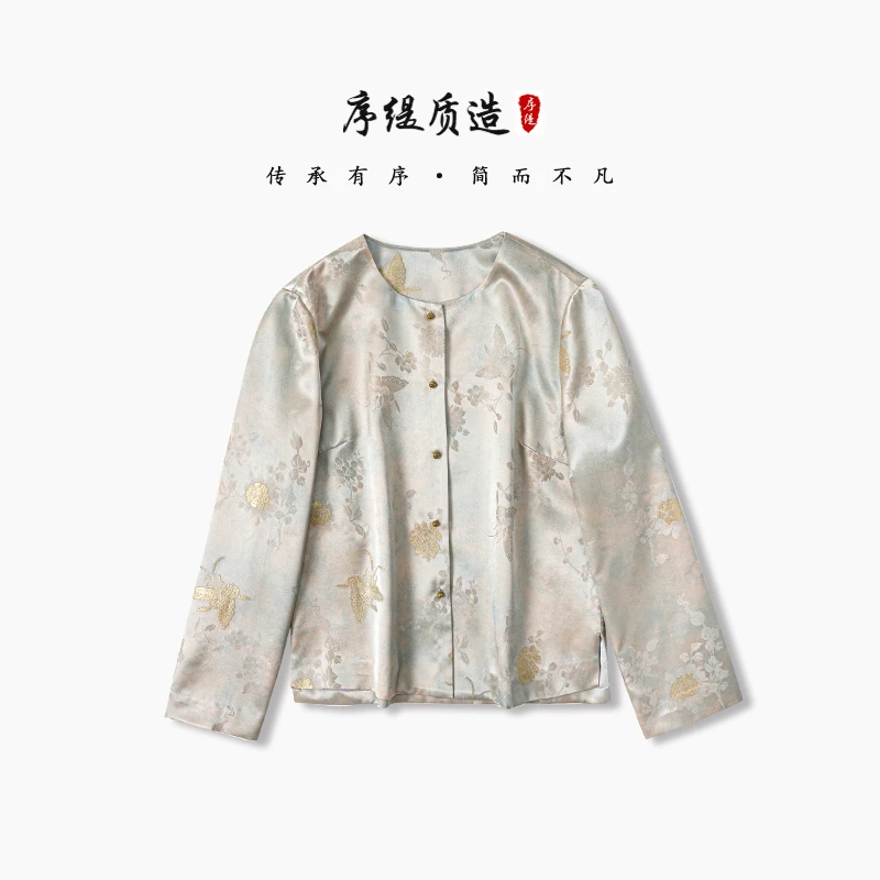 序缇春夏复古国风新中式桑蚕丝女宽松长袖上衣J09-10062