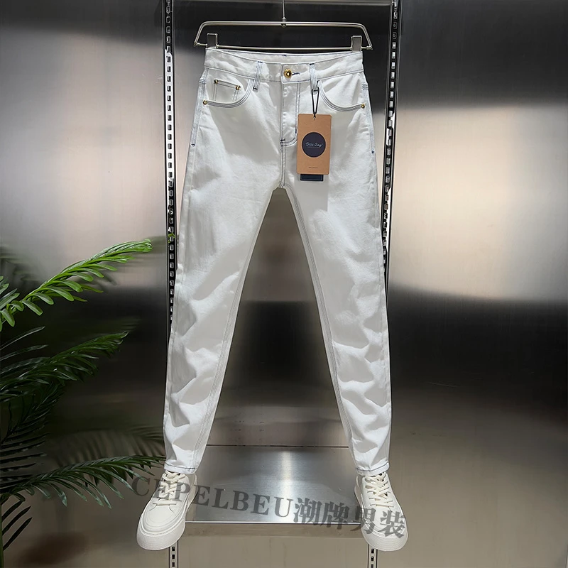 【高端】轻奢薄款三本针车线白色牛仔裤男士修身小直筒长裤+九分裤
