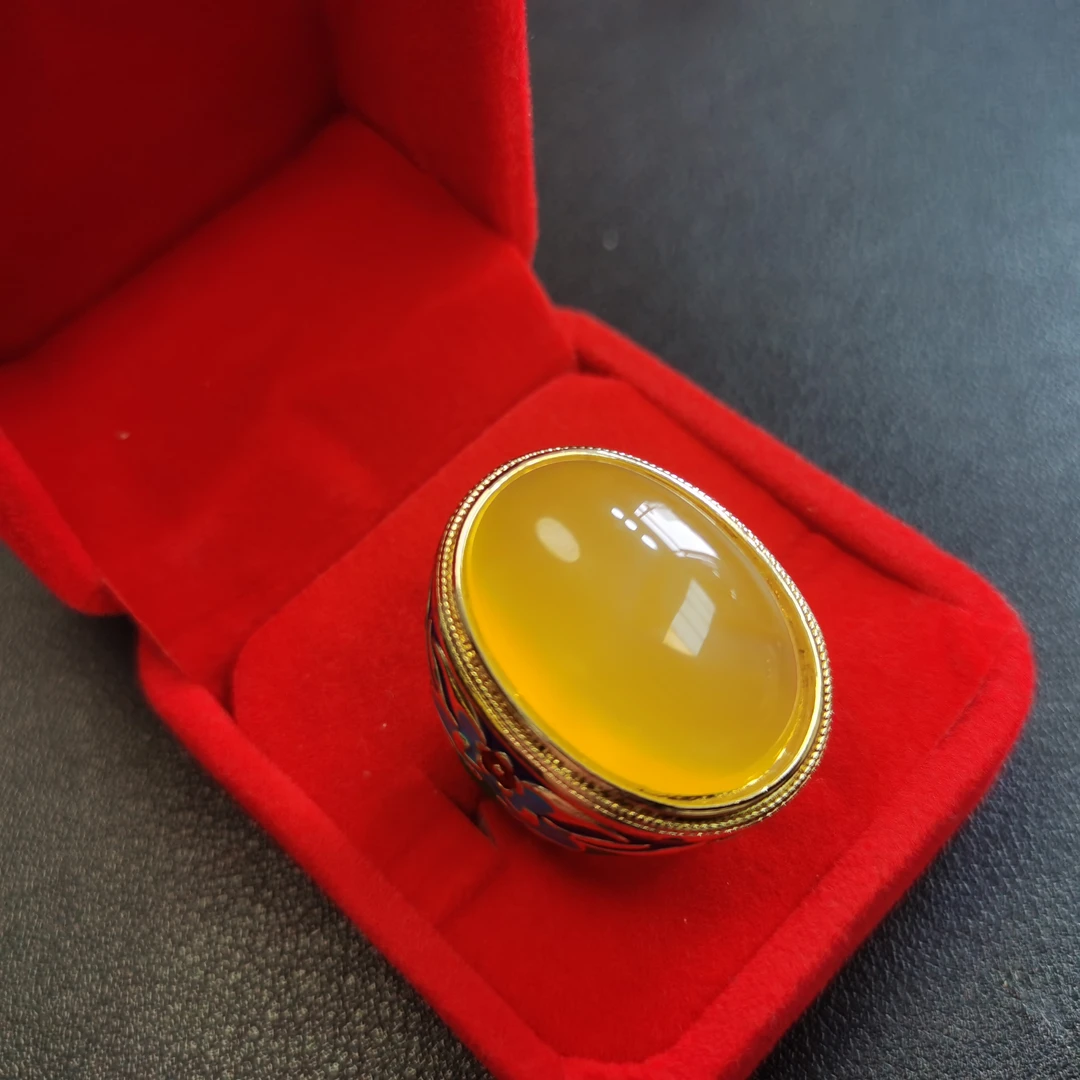 王者荣耀 帝王黄鸽子蛋珐琅彩工艺精美镶嵌男士高端玛瑙戒指