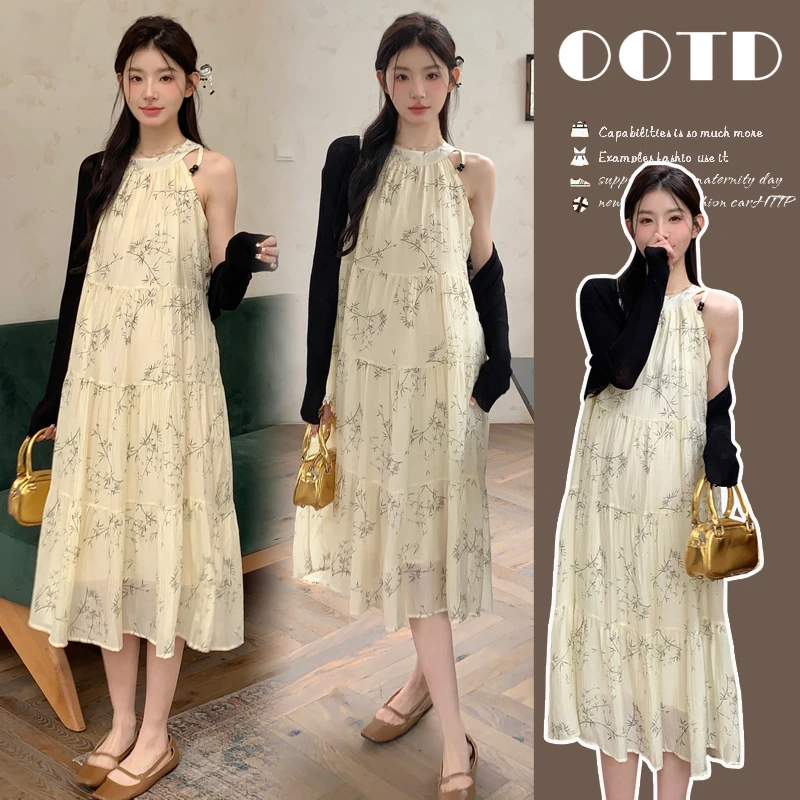 孕妇连衣裙新中式风挂脖碎花连衣裙空调防晒开衫孕妇两件套裙子