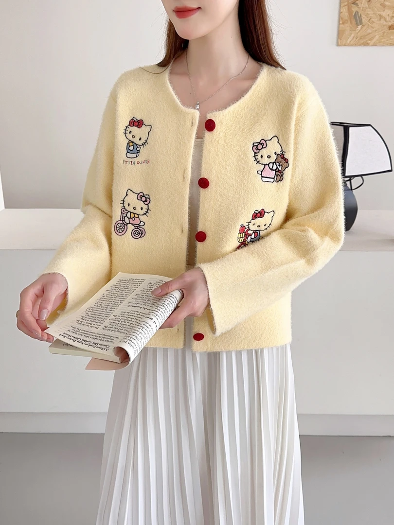 2512-仿水貂绒毛衣开衫女秋冬韩系甜美Kitty猫刺绣针织衫上衣外套