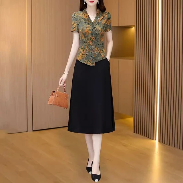 奢华贵气中老年女装夏装新款假两件套装裙印花裙子大码胖MM连衣裙