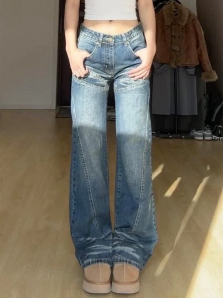 微胖mm复古拼接不贴腿垂感牛仔裤女早春新款水洗显瘦微喇阔腿裤子
