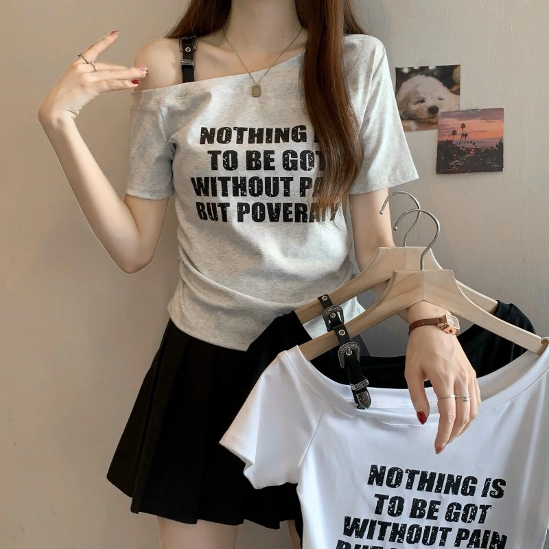 大码胖MM夏季新款露单肩锁骨字母印花正肩短袖上衣T恤