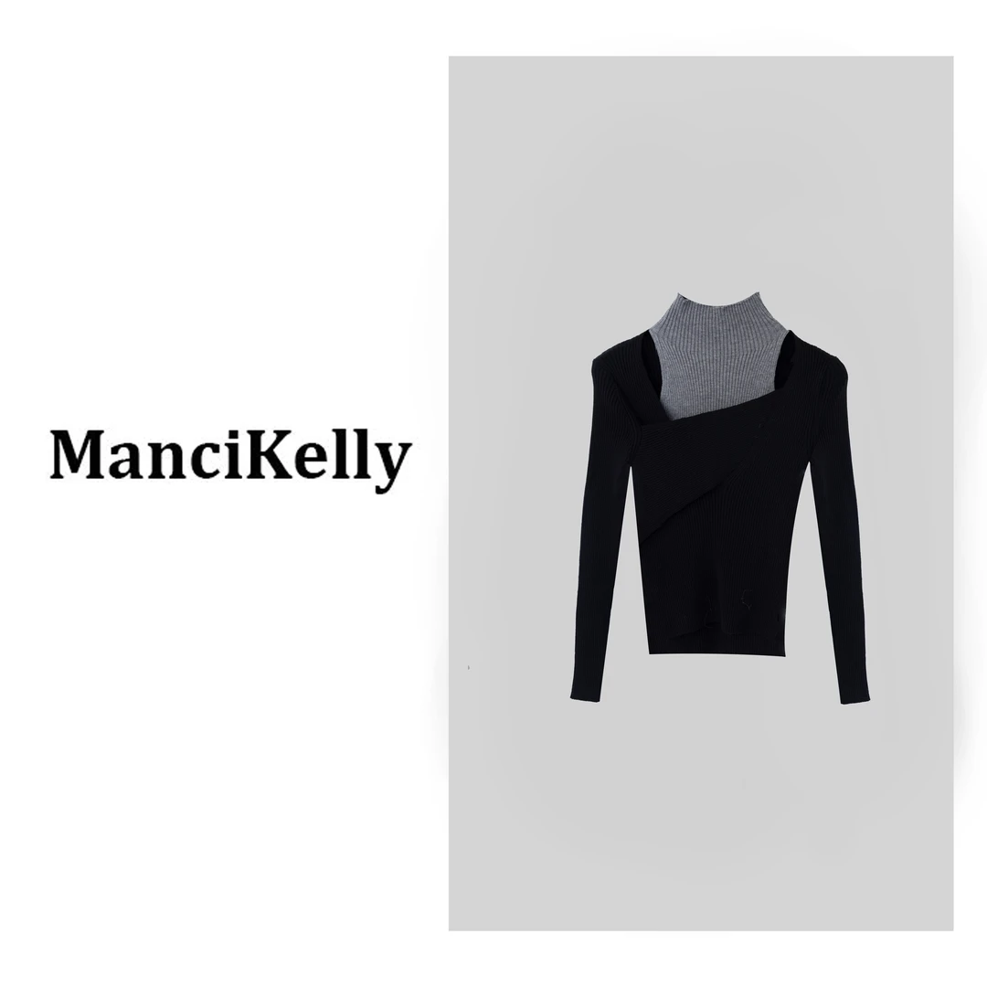 拼接假两件不规则交叉中高领坑条针织衫女