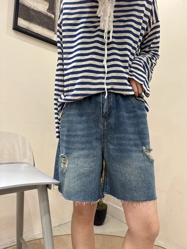 遇见•高腰夏季女士夏季牛仔破洞短裤阔腿韩版慢人风