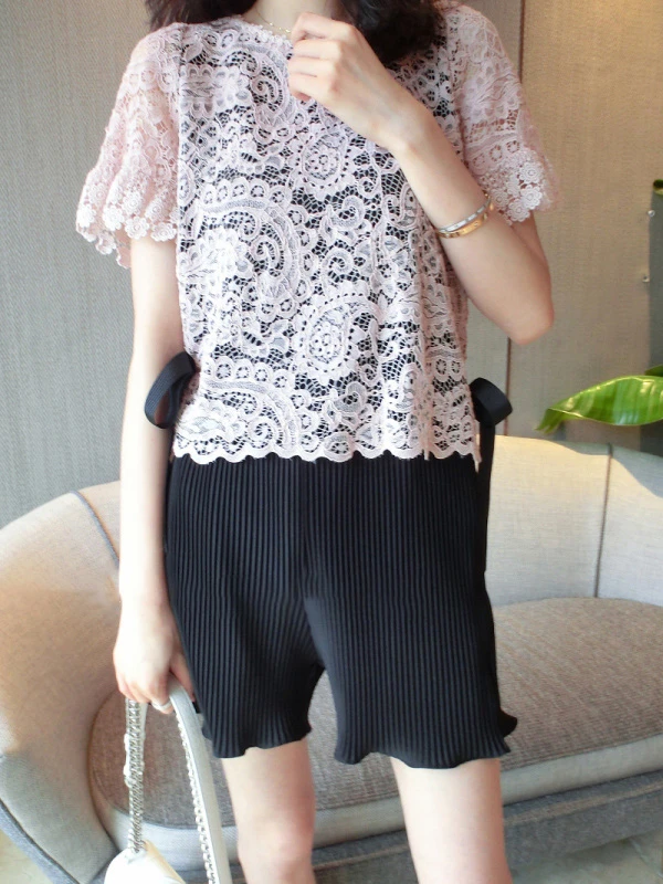 张静芝丨夏 气质睫毛蕾丝淑女百褶雪纺连体裤