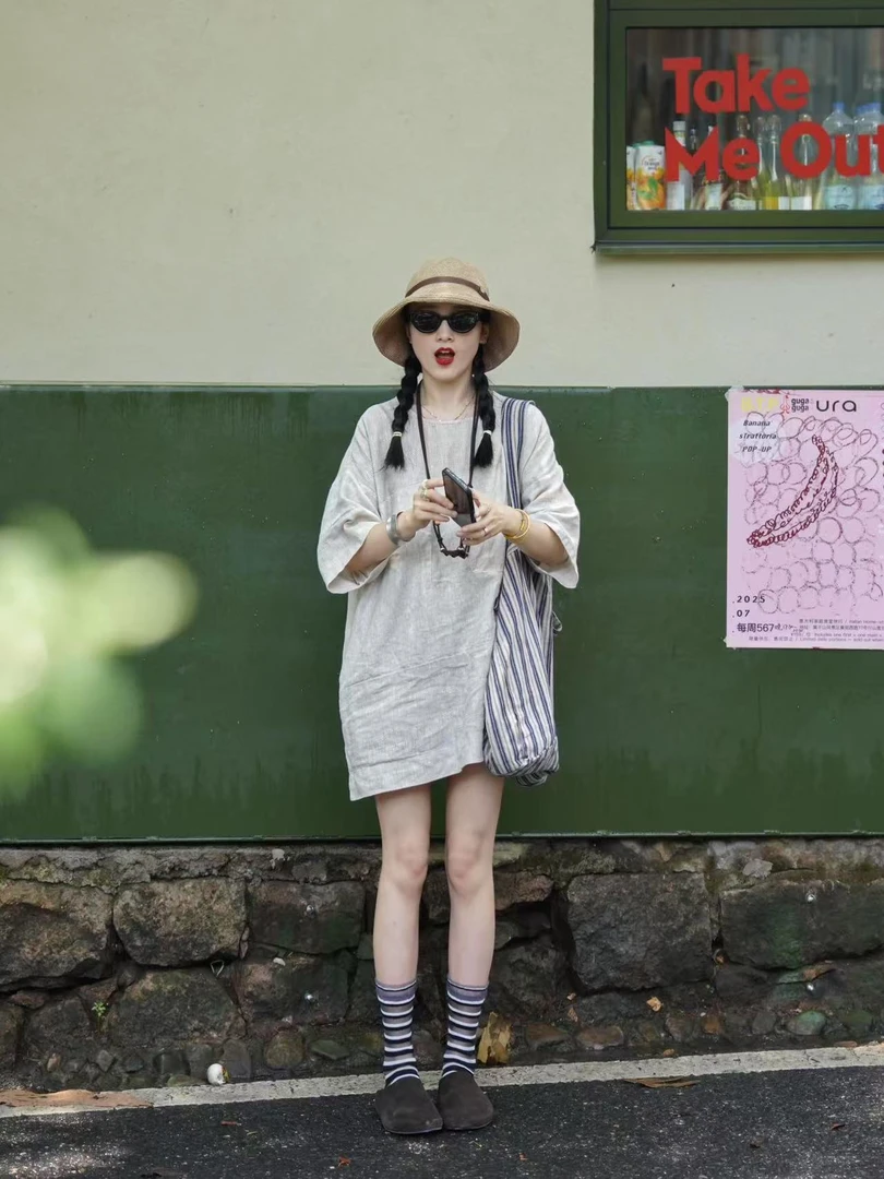 夏季2025新款日系复古拼接圆领中袖宽松显瘦百搭中长款连衣裙