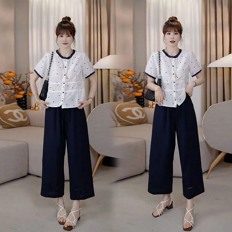 设计感减龄波点短袖衬衫女2025夏季新款小个子宽松百搭阔腿休闲裤