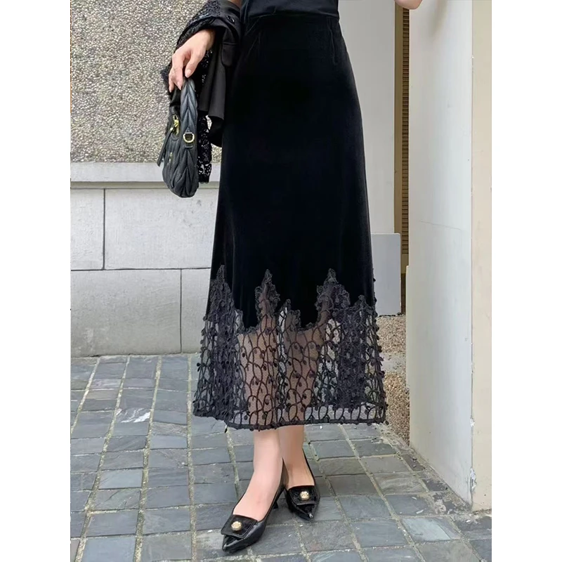 2270#蕾丝拼接半身裙女秋季新款松紧腰气质时尚A字裙直筒中长裙