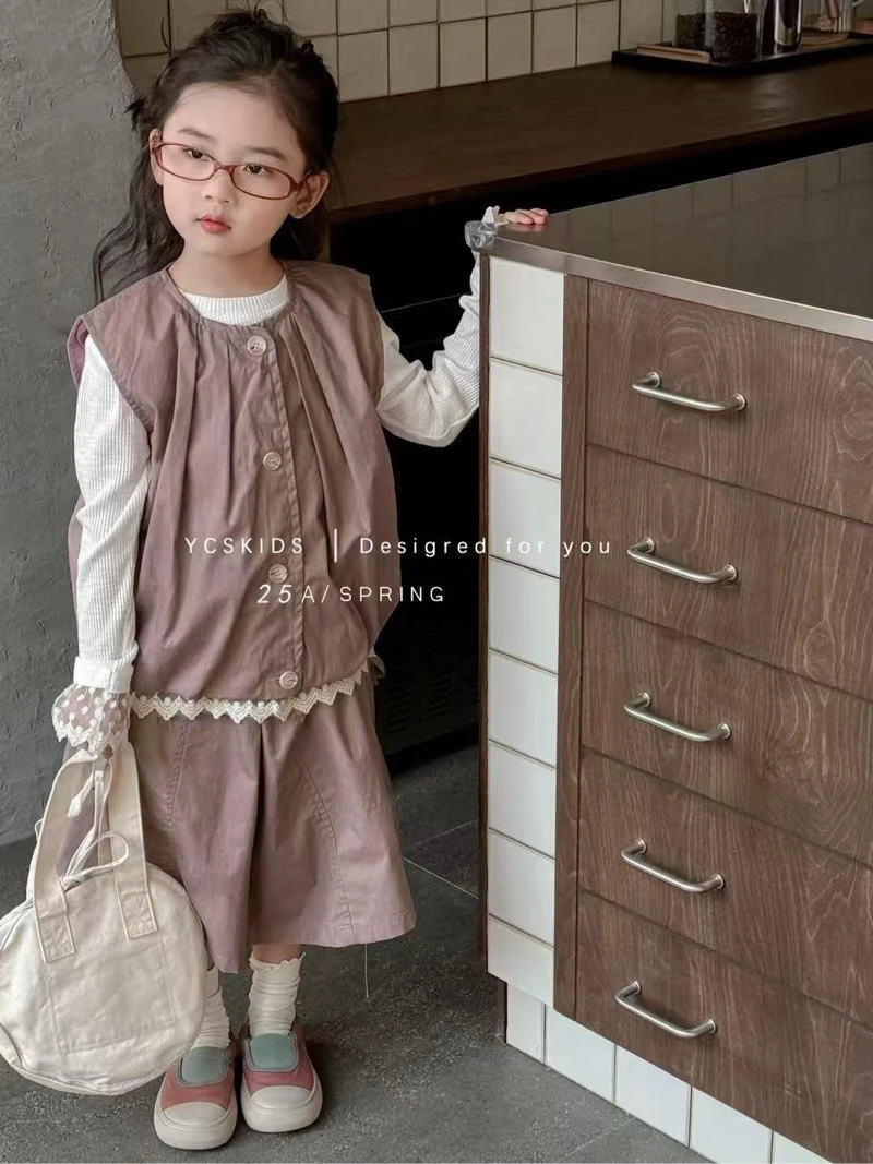 百搭春秋韩版女单排扣薄款女童套装小童洋气两件套工装裙