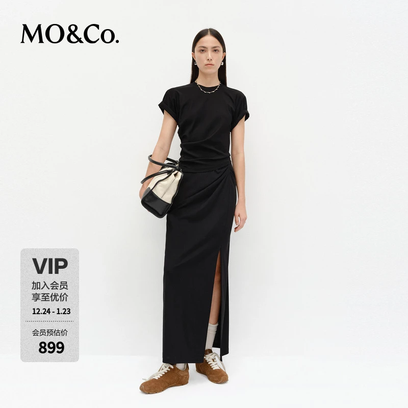 MOCO套装2025春新品雕塑捏褶上衣高腰半身裙两件套黑色MBE1SUT001