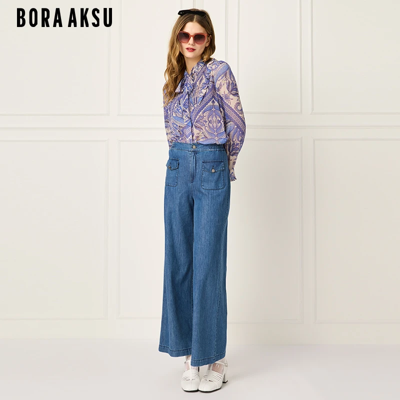 商场同款BORA AKSU法式系带领蓝紫佩斯利印花长袖衬衫B1FBW20140