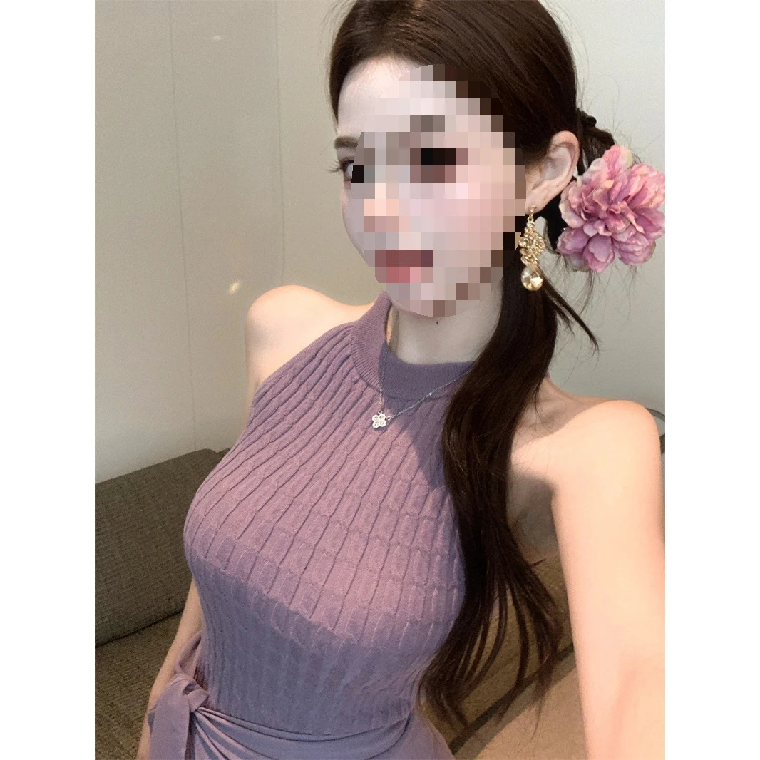 2025夏季新款紫色挂脖工字麻花针织背心吊带女无袖美背百搭上衣