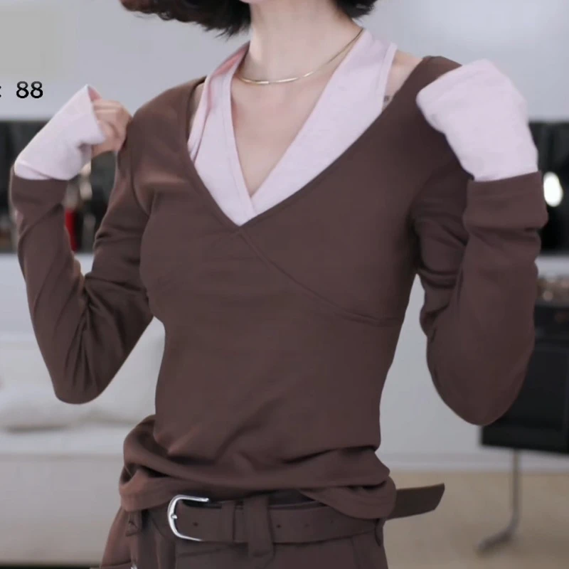 V领打底衫长袖休闲假两件创意修身型T恤 LK2505938