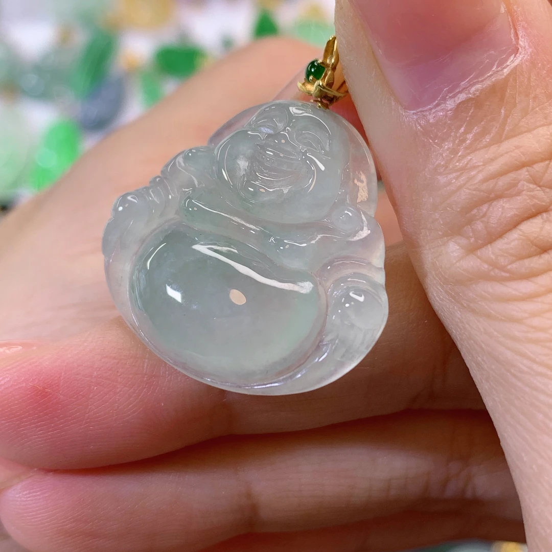 缅甸天然翡翠a货18k金冰种佛公吊坠26×26×6.2
