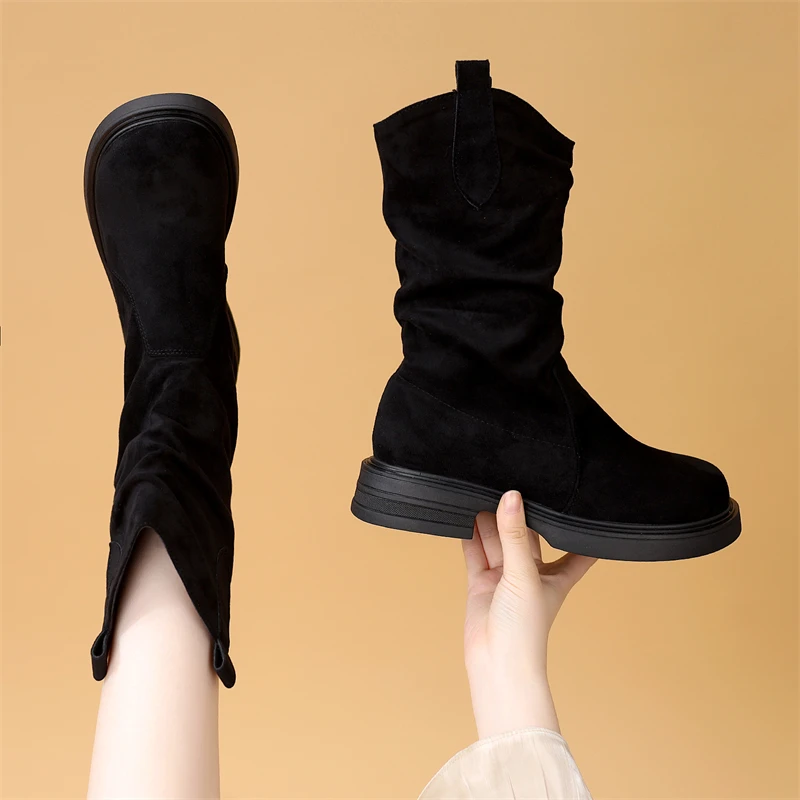 美拉德系绒面短靴女2025秋冬新款超火堆堆靴圆头套筒爆款中筒靴子