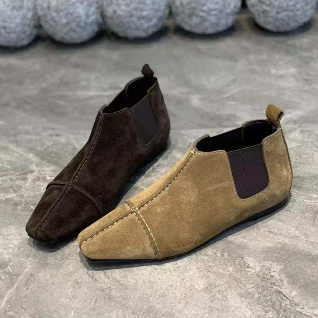 羊皮版复古小众绒面方底切尔西短靴女2025新款通勤裸英伦风