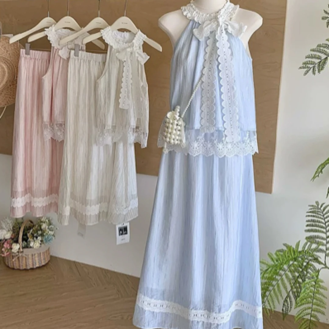 甜美蕾丝挂脖无袖背心A字半身裙夏季女款套装