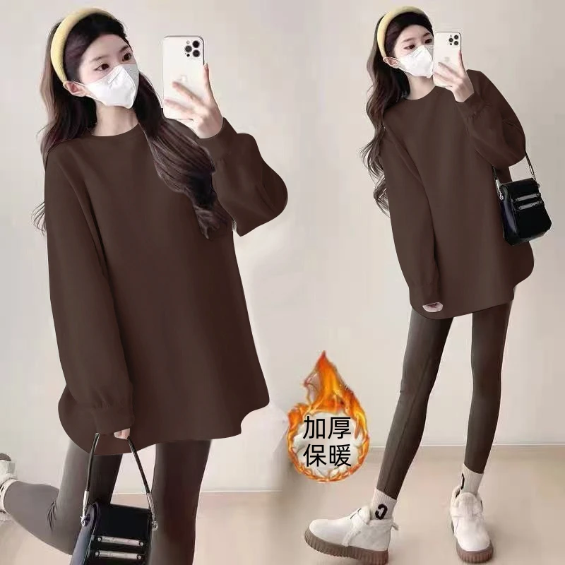 新款秋冬德绒磨毛中长款t恤女长袖上衣加厚保暖下摆圆弧百搭遮臀