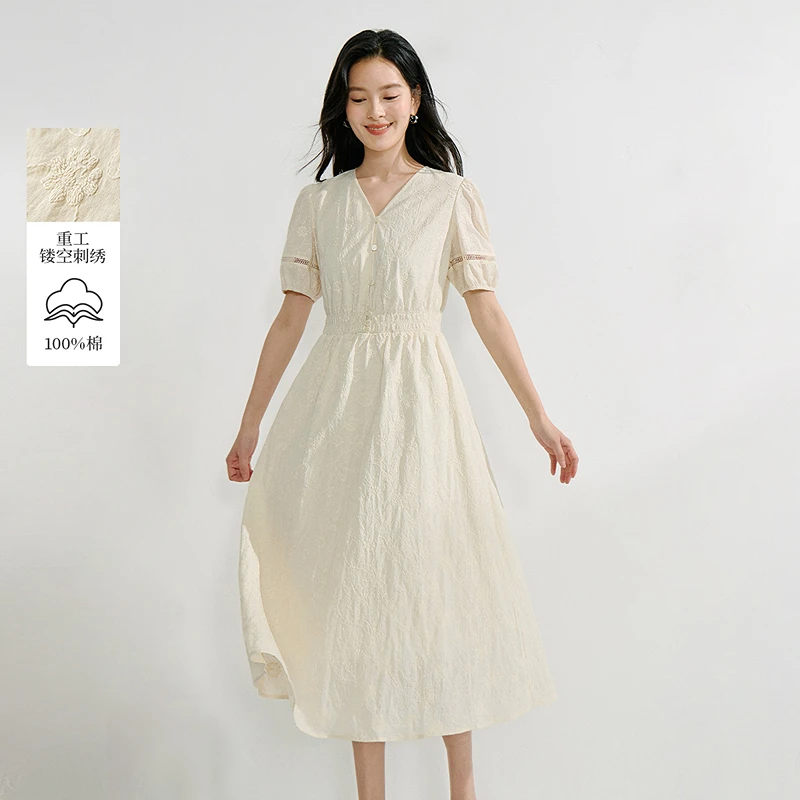 【双12提前购】茵曼2025夏季提花肌理V领松紧泡泡袖纯棉短袖连衣裙