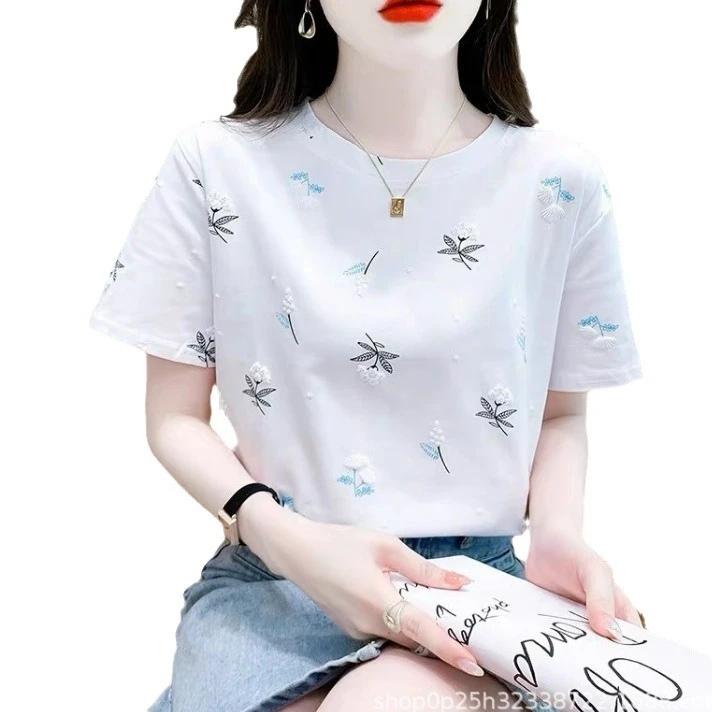 大码t恤女装印花女士T恤短袖韩版夏季新款发泡碎花宽松百搭上衣