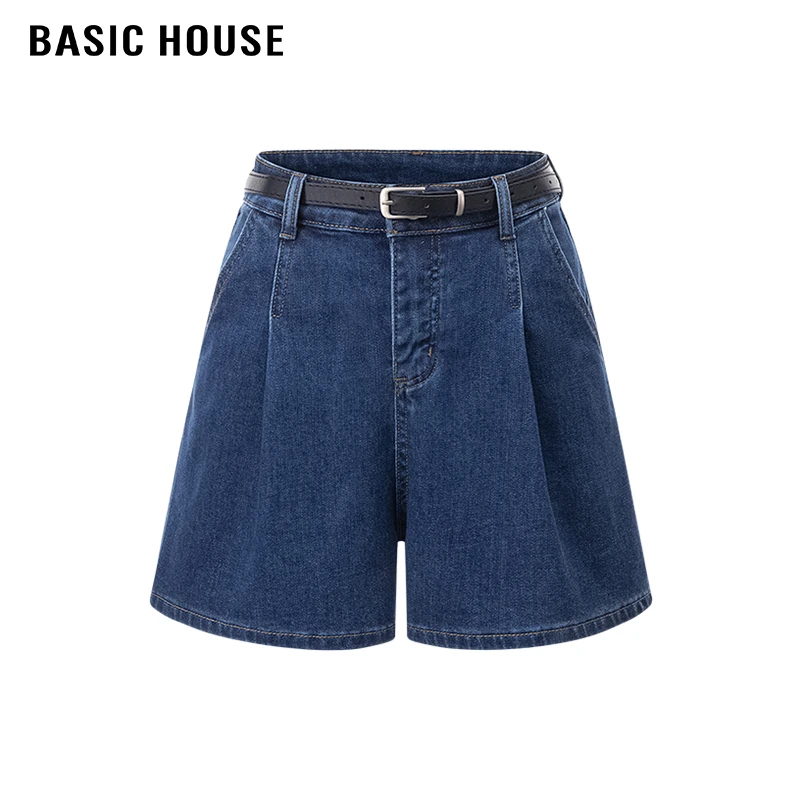 百家好/Basic House复古深蓝色牛仔短裤女百搭休闲小个子直筒裤夏