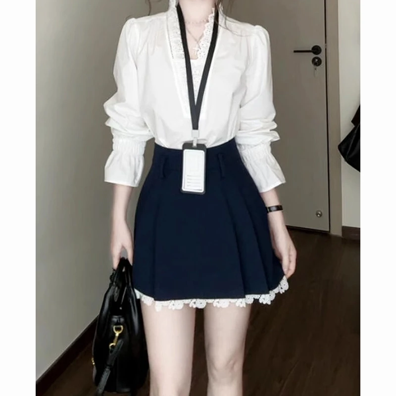 2025早春新款学院风喇叭袖衬衫连衣裙子女夏季韩系蕾丝花边套装裙