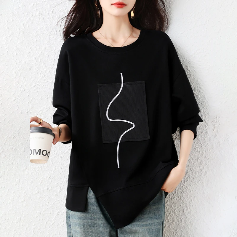 【女神新衣】不规则长袖卫衣女秋季大码胖mm显瘦遮肚子开叉上衣