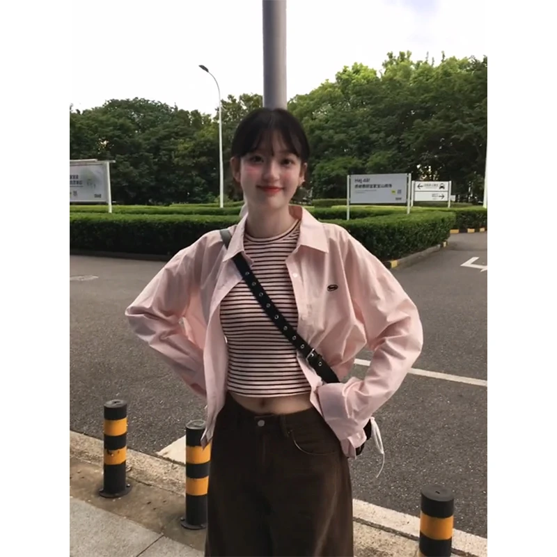 parkyeon夏季新款甜美条纹背心衬衫外套上衣高级感阔腿休闲裤套装