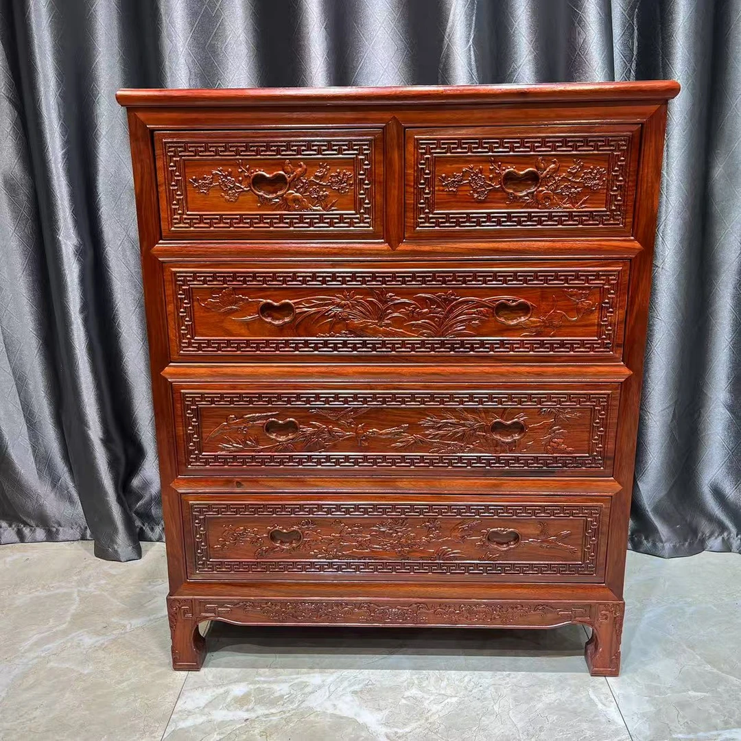 非洲花梨雕花斗柜中式红木五斗柜物柜卧室储物柜