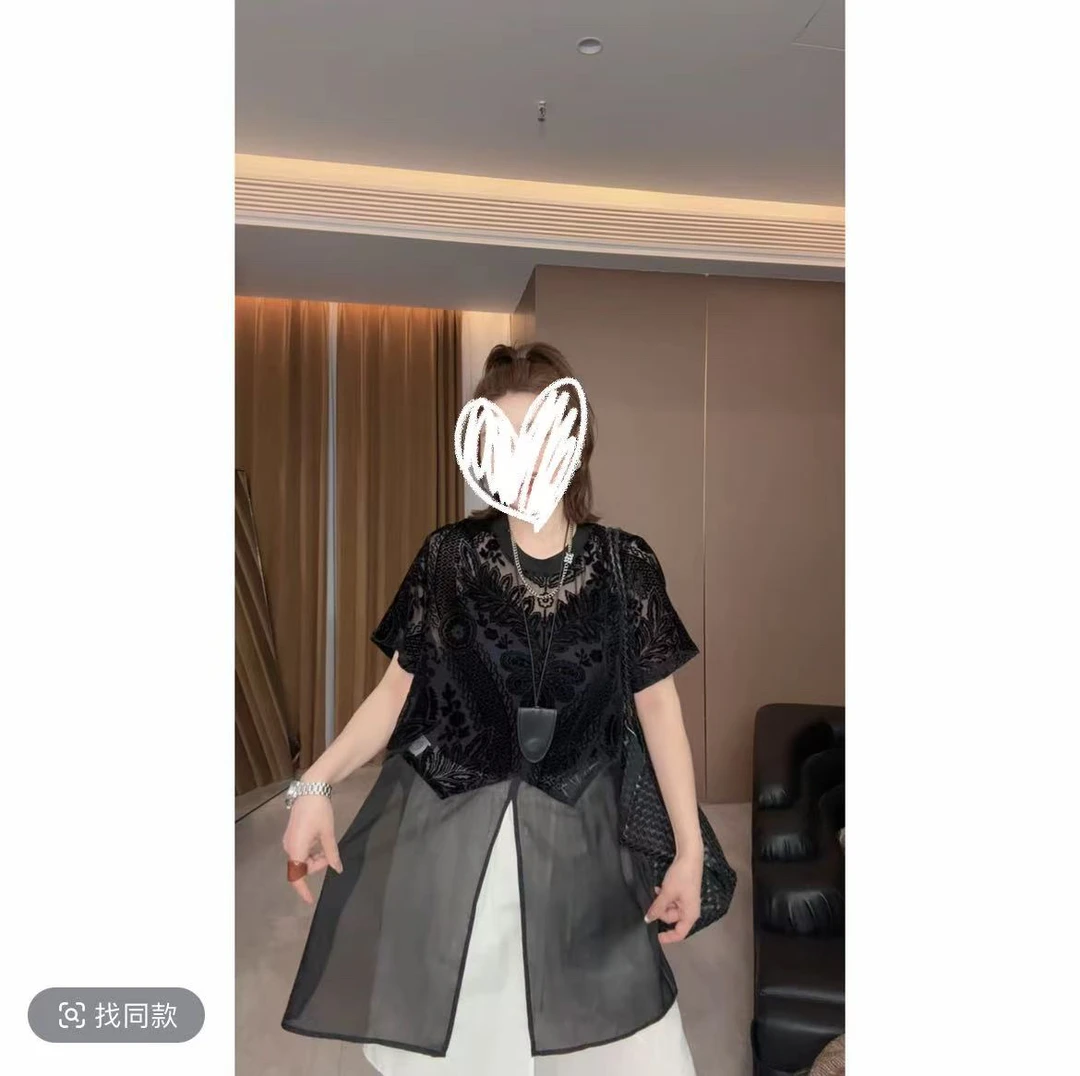 新款夏季  丝绒拼接打底半袖  欧货大气感